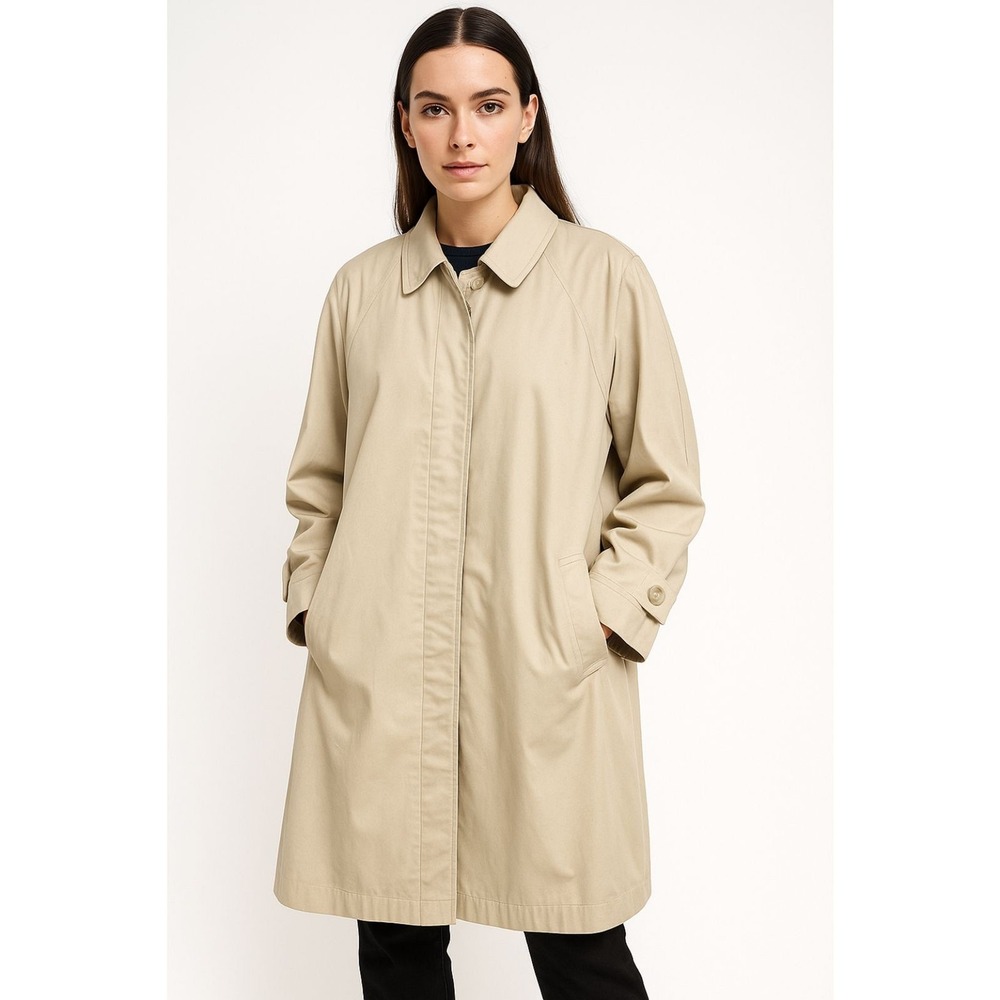 London Fog Trench Coat Women 10 Reg Tan Beige Navy Lining Mid Length Classic Mac